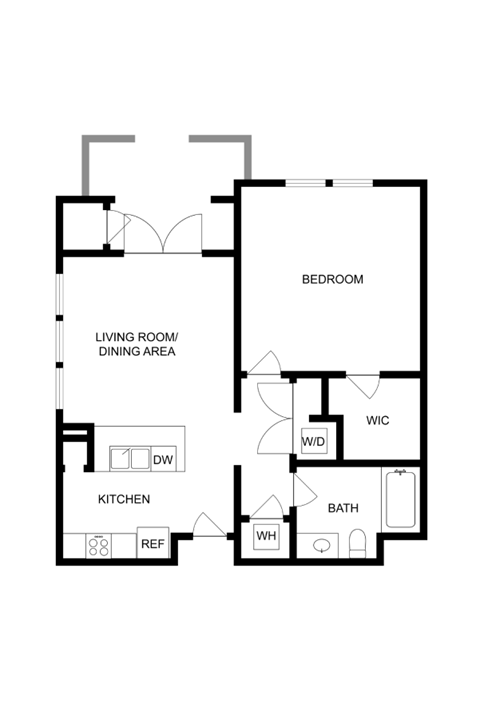 Floor plan for 1 bed, 1 bath, 774 sqft